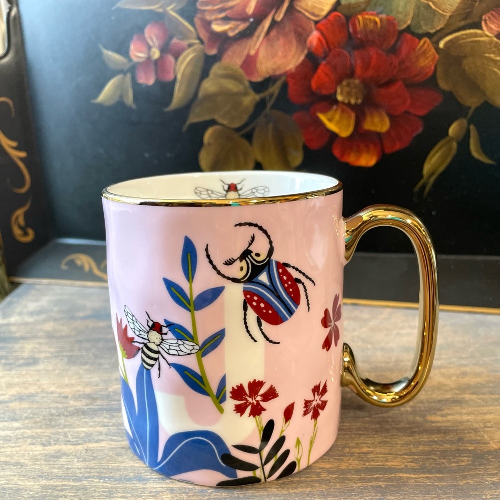 Pink & gold ceramic insect botanical coffee mug J 16oz nwt
